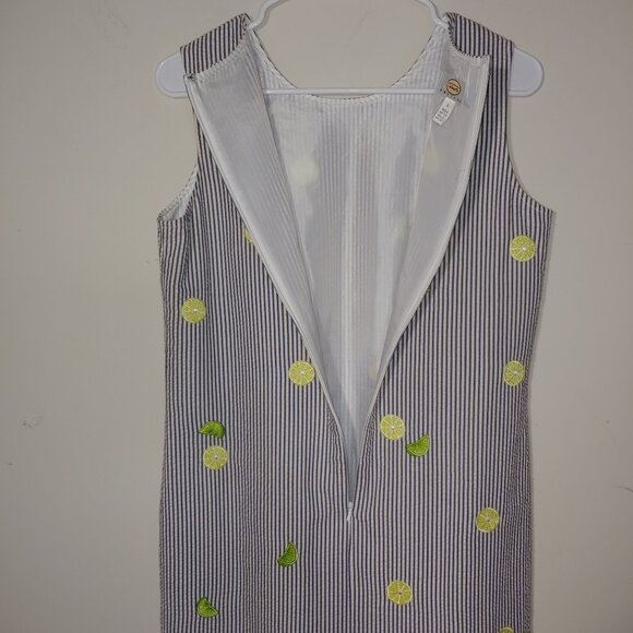 Talbots Seersucker Lemons&Limes Embroidered Sleeveless Dress Size 6P Blue Cream - Picture 6 of 9
